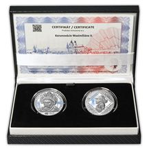 Náhled - Korunovácia Maximiliána II. - návrhy mince 100 € sada Ag medailí 1 Oz patina