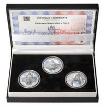Náhled - POSTAVEN OBECNÍ DŮM V PRAZE – návrhy mince 200 Kč - sada 3x stříbro 34mm patina