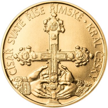 Náhled Reverzní strany - Sada zlatého dukátu a stříbrného odražku Karel IV. 700. výročí narození - b.k.