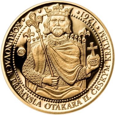 Náhled Averzní strany - Sada zlatého dukátu a stříbrného odražku Korunovace Přemysla Otakara II. - proof