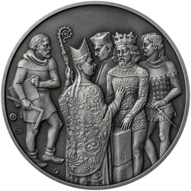 Náhled Reverzní strany - Položení zakladního kamene ke stavbě trojlodí Chrámu sv. Víta - 625. výročí stříbro patina