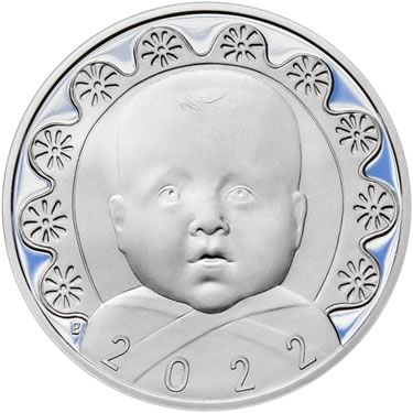 Náhled Reverzní strany - Stříbrný medailon k narození dítěte s peřinkou 2022 - 28 mm